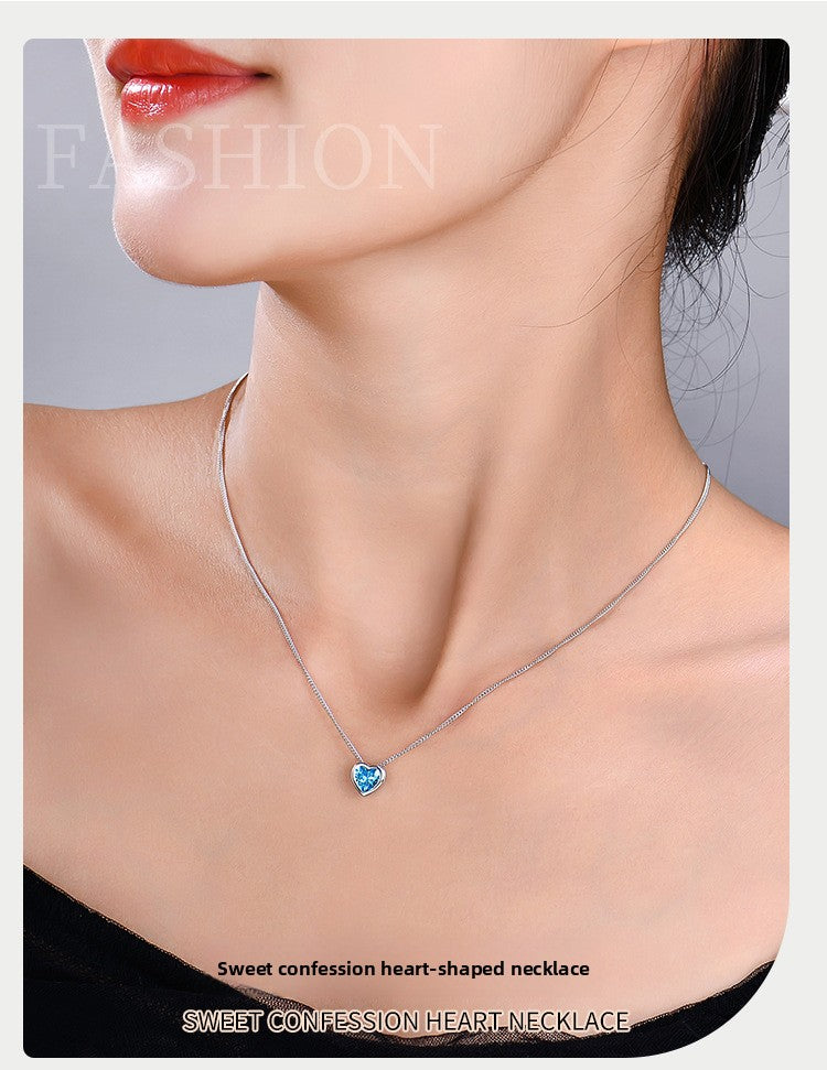 Heart of the Ocean sterling silver necklace for women with zircon heart-shaped clavicle chain pendant - Suoaint