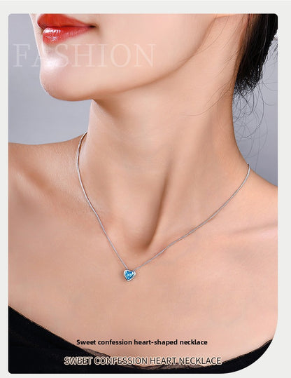 Heart of the Ocean sterling silver necklace for women with zircon heart-shaped clavicle chain pendant - Suoaint