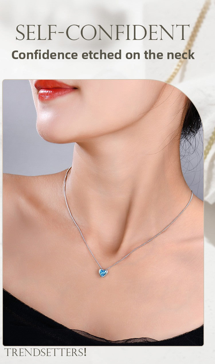 Heart of the Ocean sterling silver necklace for women with zircon heart-shaped clavicle chain pendant - Suoaint