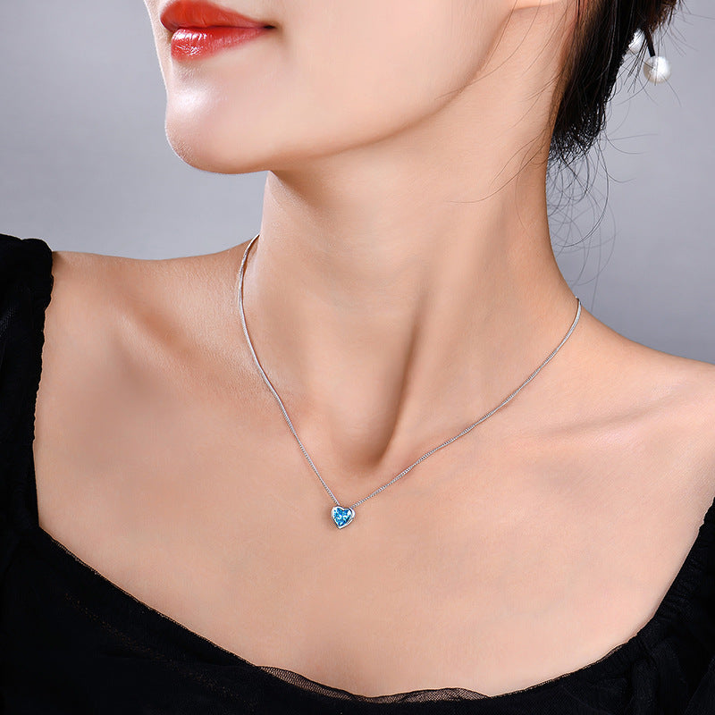 Heart of the Ocean sterling silver necklace for women with zircon heart-shaped clavicle chain pendant - Suoaint