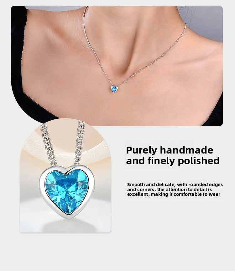 Heart of the Ocean sterling silver necklace for women with zircon heart-shaped clavicle chain pendant - Suoaint