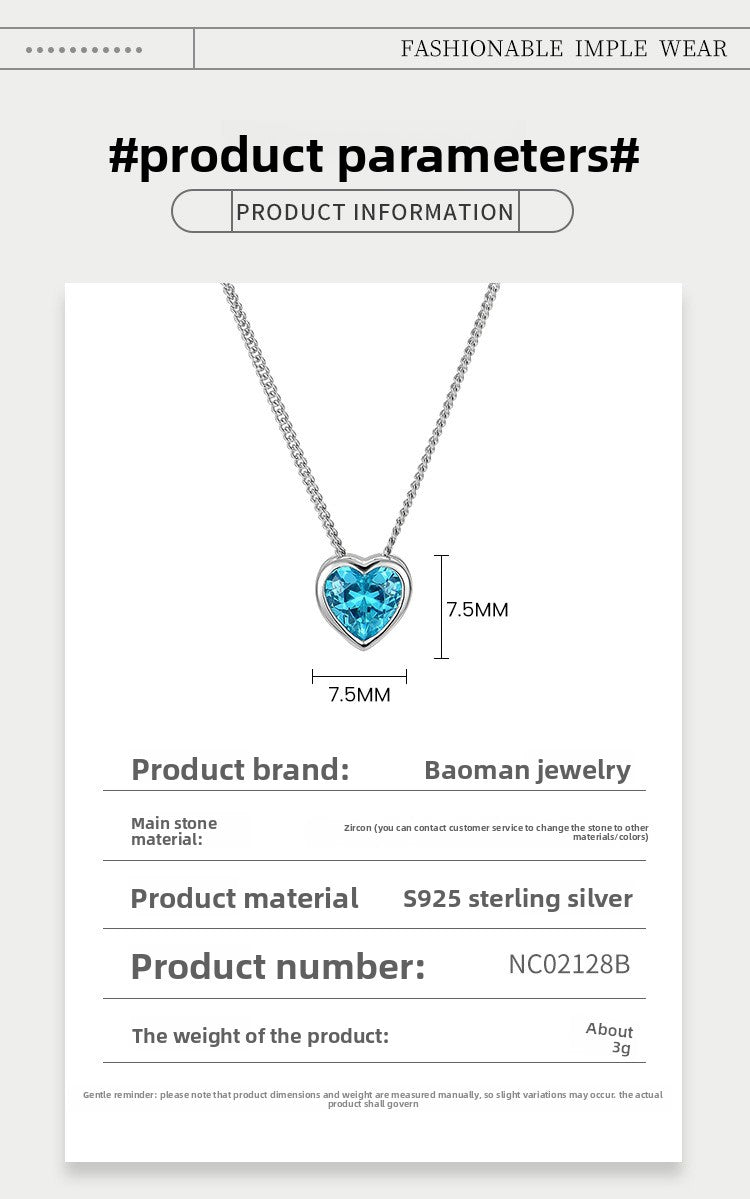 Heart of the Ocean sterling silver necklace for women with zircon heart-shaped clavicle chain pendant - Suoaint