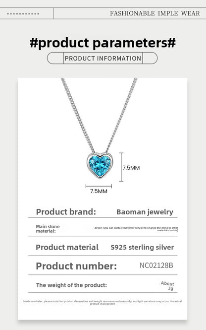 Heart of the Ocean sterling silver necklace for women with zircon heart-shaped clavicle chain pendant - Suoaint