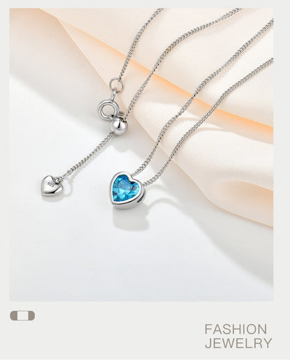Heart of the Ocean sterling silver necklace for women with zircon heart-shaped clavicle chain pendant - Suoaint