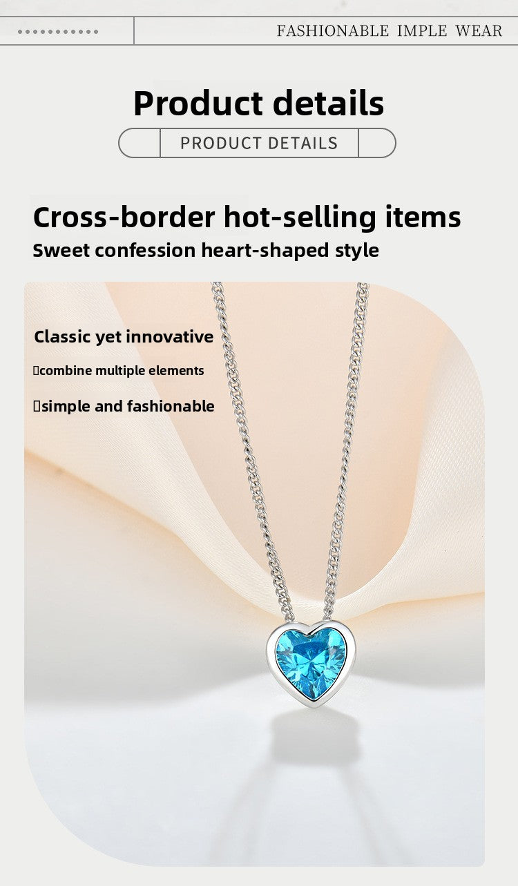 Heart of the Ocean sterling silver necklace for women with zircon heart-shaped clavicle chain pendant - Suoaint