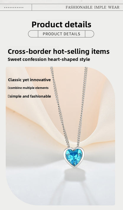 Heart of the Ocean sterling silver necklace for women with zircon heart-shaped clavicle chain pendant - Suoaint