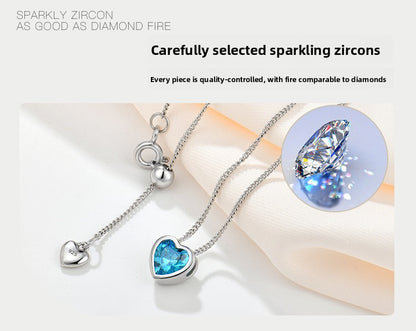 Heart of the Ocean sterling silver necklace for women with zircon heart-shaped clavicle chain pendant - Suoaint