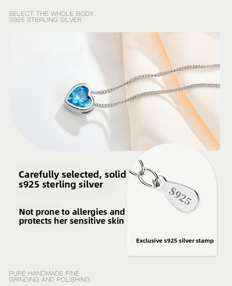 Heart of the Ocean sterling silver necklace for women with zircon heart-shaped clavicle chain pendant - Suoaint
